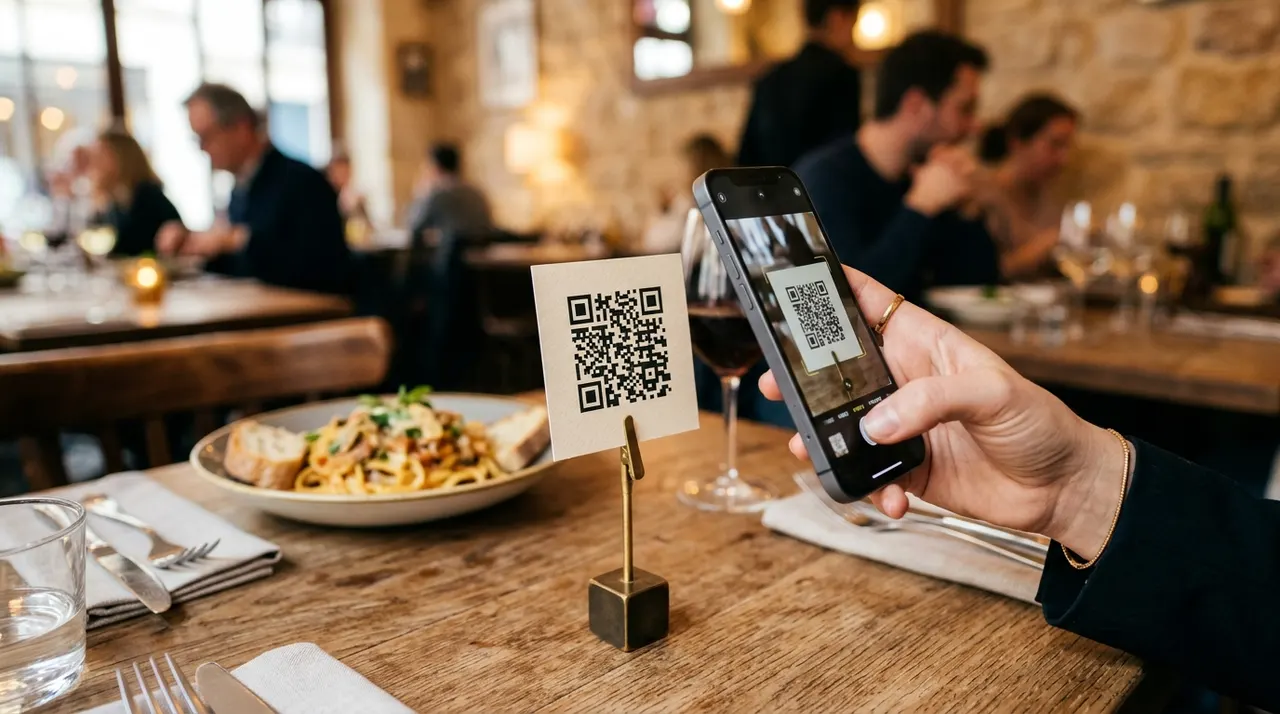 A restaurant table with a QR code menu stand and a customer about to scan it with a phone