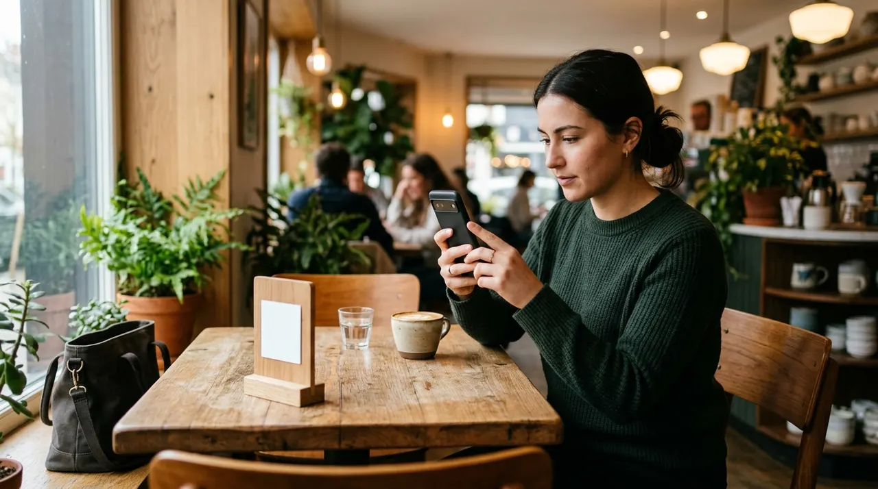 A cafe customer scanning a QR code menu with a phone