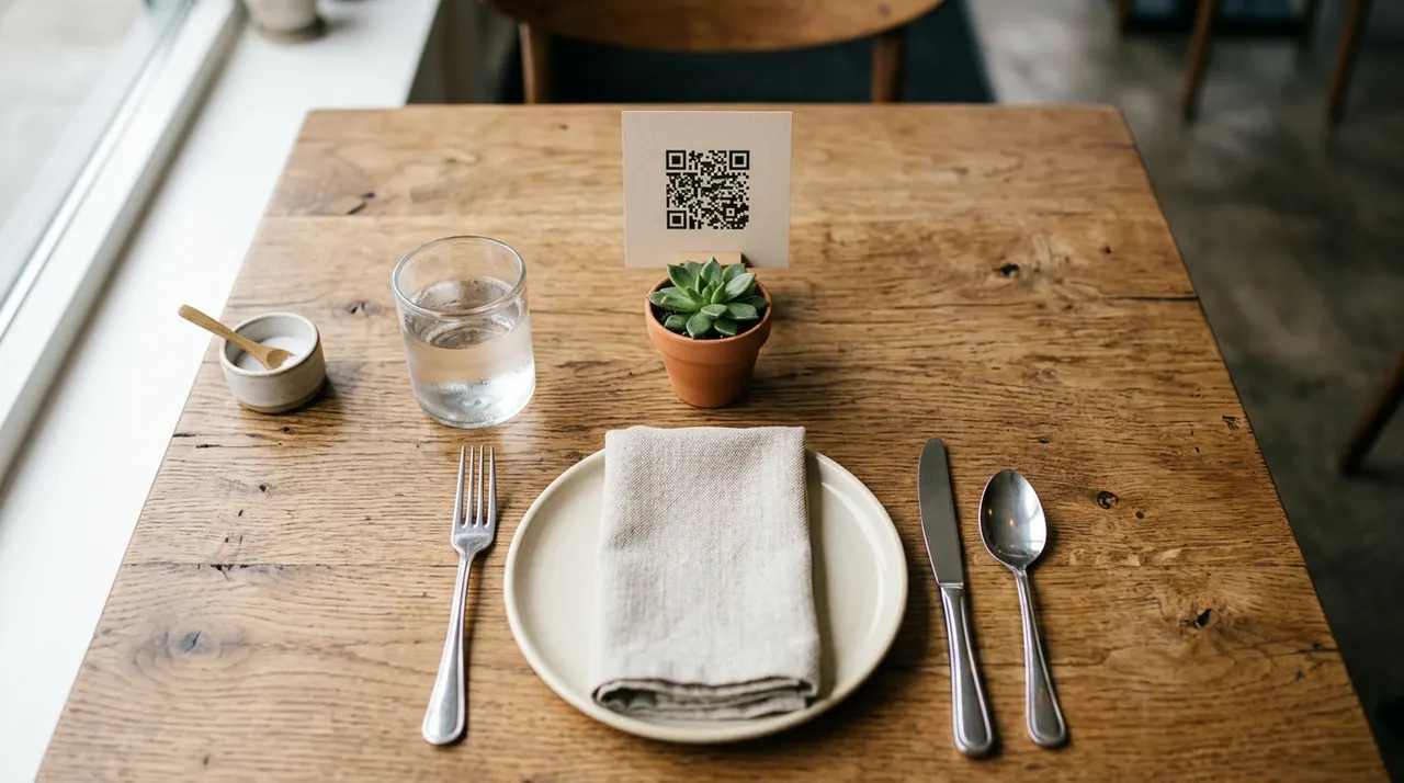 A restaurant table setting with a minimalist QR code menu card