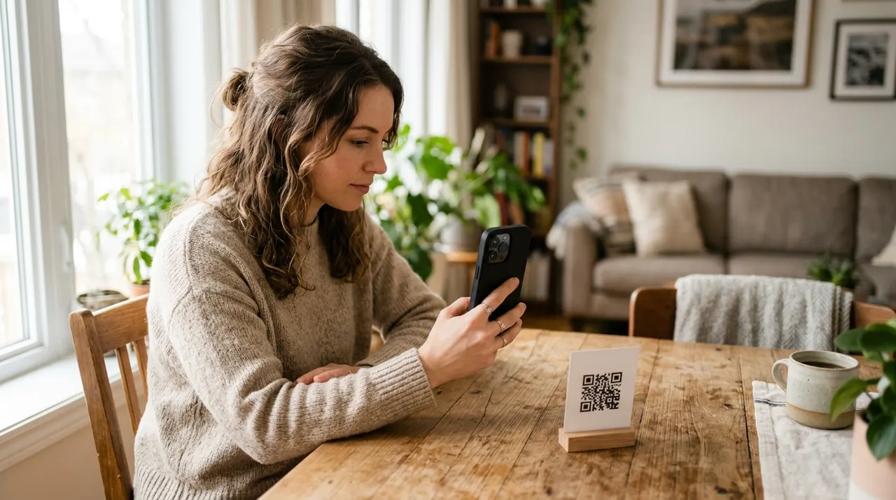 A person at home connecting their phone to Wi-Fi by scanning a QR code card sitting on the table
