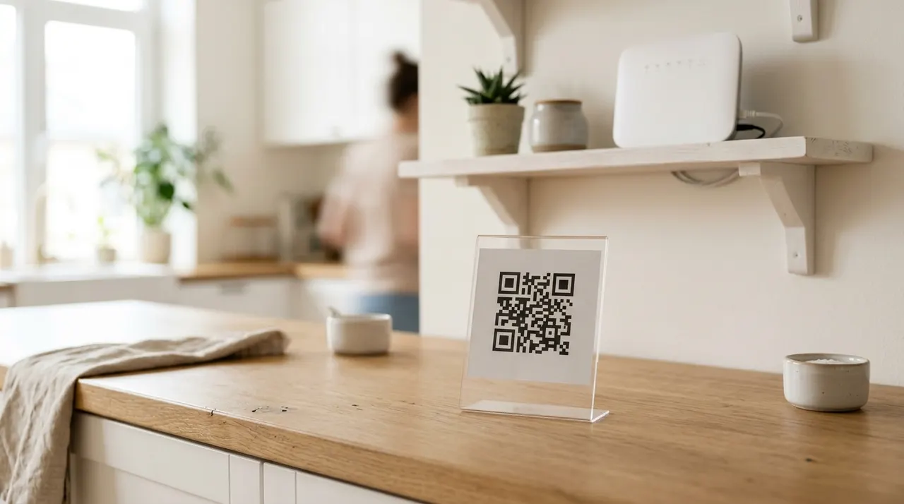 A small QR code stand on a modern kitchen counter next to a Wi-Fi router