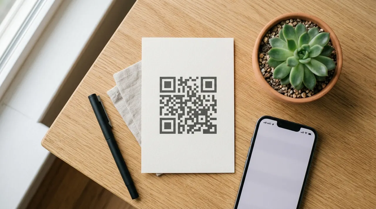 A printed Wi-Fi QR code card on a wooden desk next to a phone