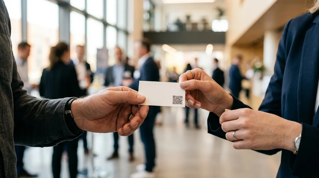 Two professionals exchanging an elegant business card with a QR code at a networking event