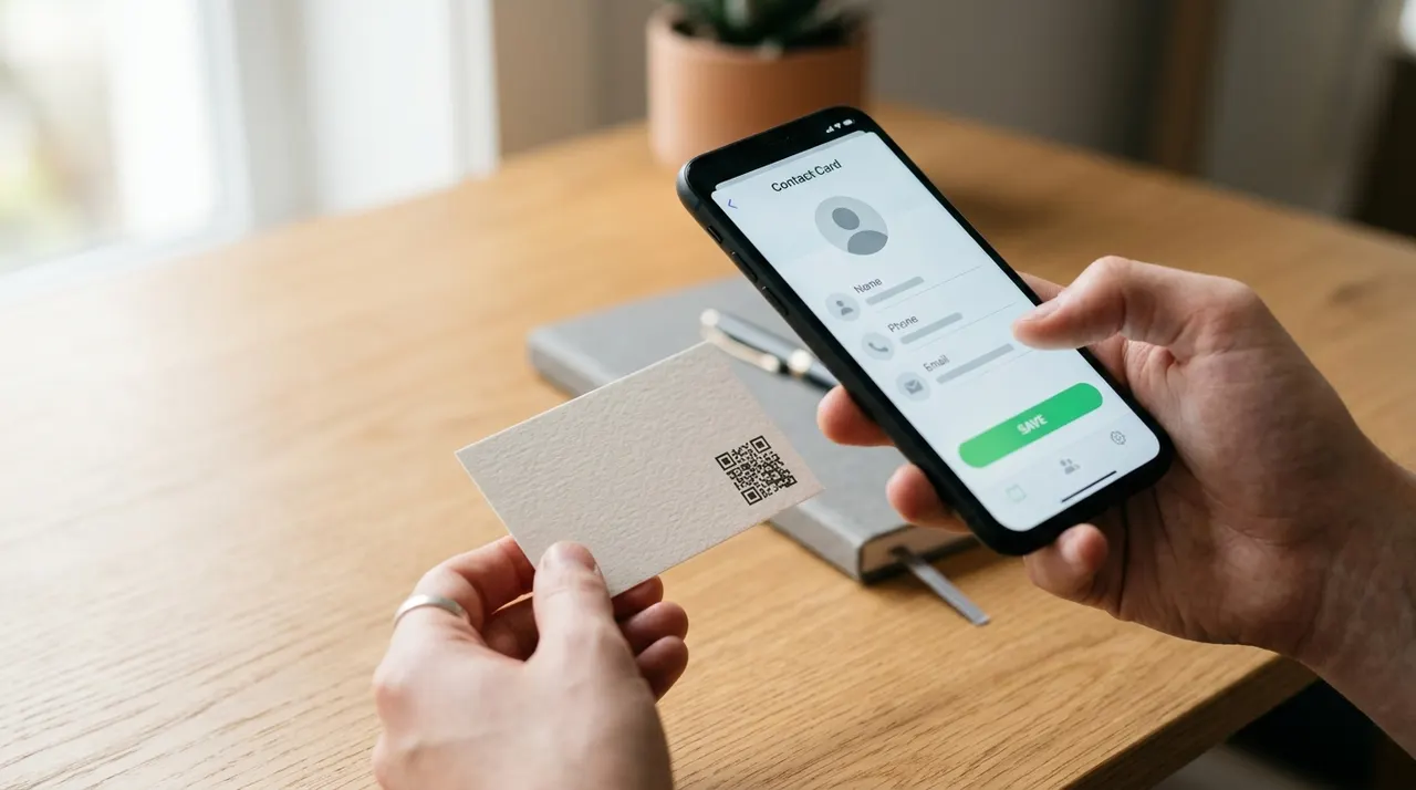 A person scanning a business card QR code with a phone and saving the new contact