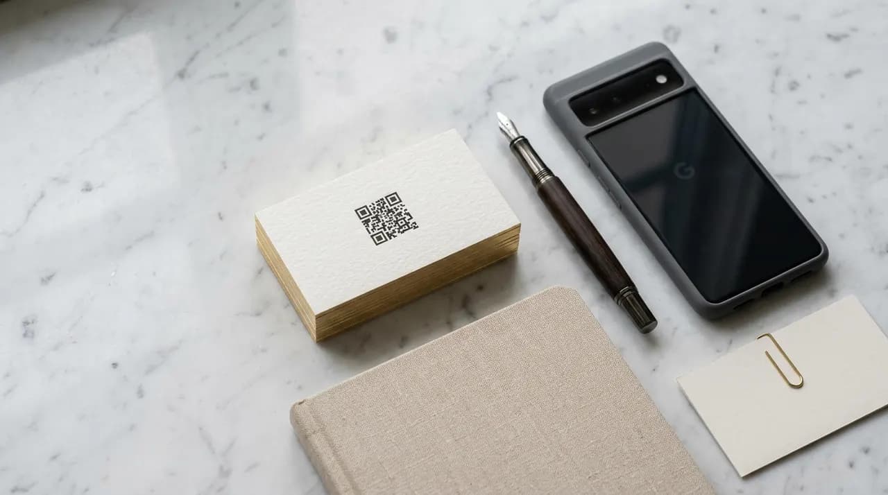 A stack of premium business cards with a QR code on a marble desk
