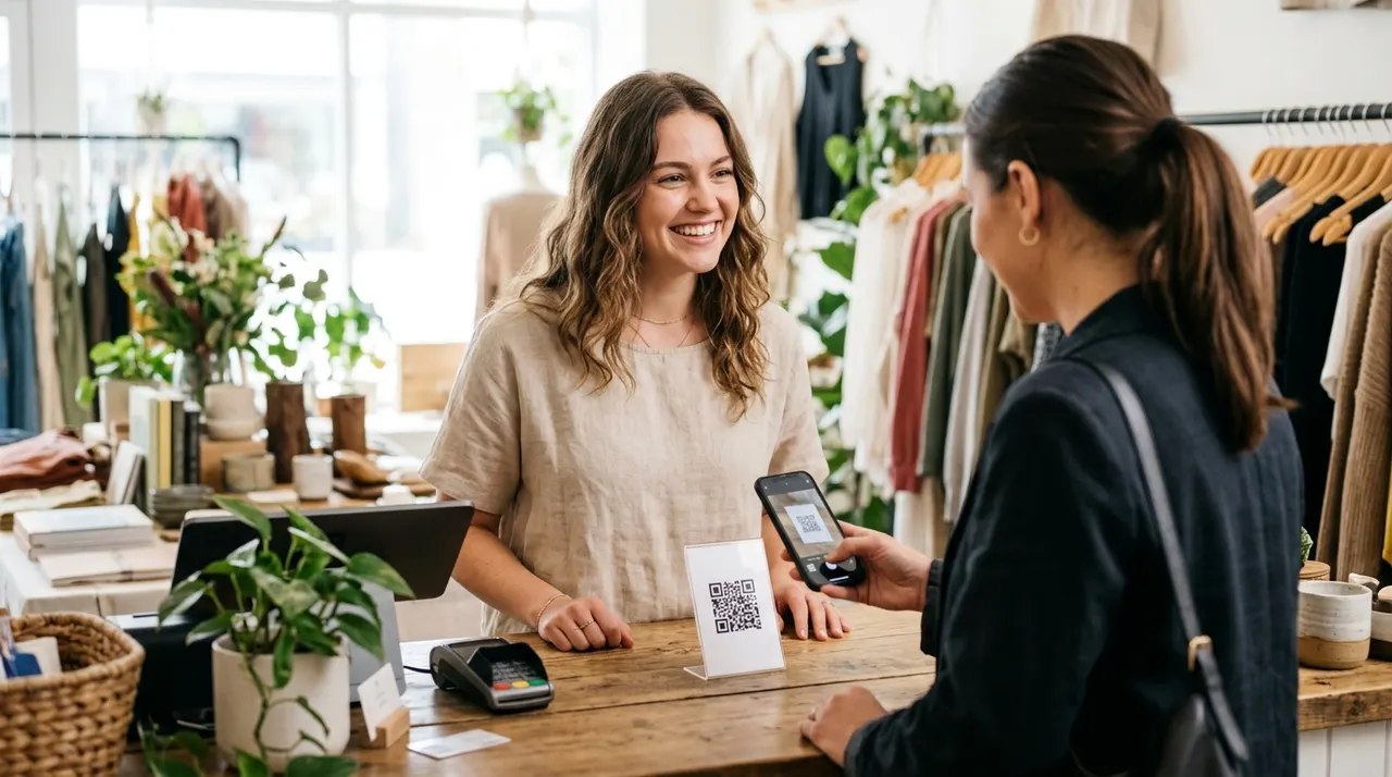 A smiling shop owner behind a boutique counter as a customer scans a QR code card with their phone