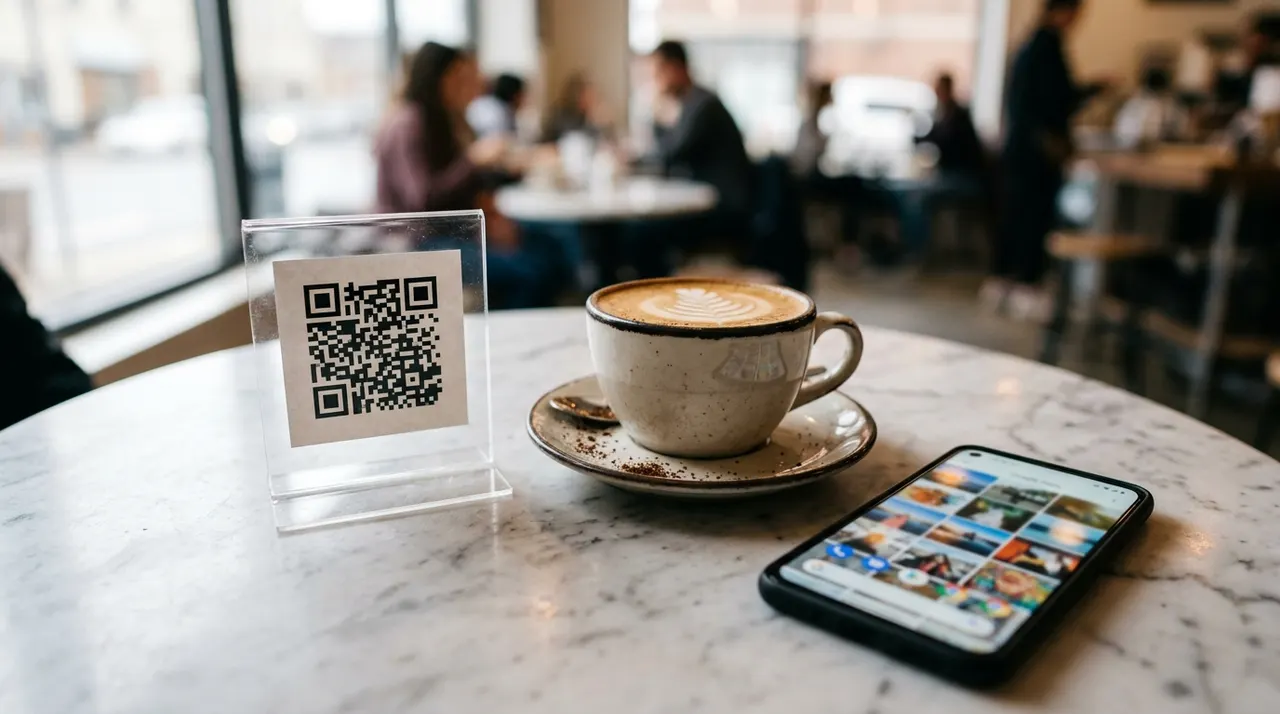 A small QR code stand on a cafe table beside a coffee and a phone showing a colourful photo feed grid