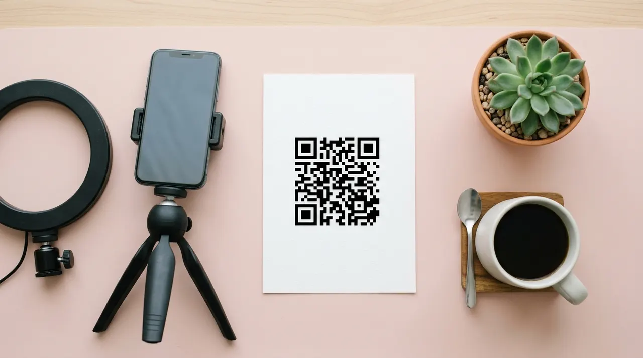 A flat lay of a printed QR code card on a desk with a ring light, a phone on a tripod, a succulent and a coffee
