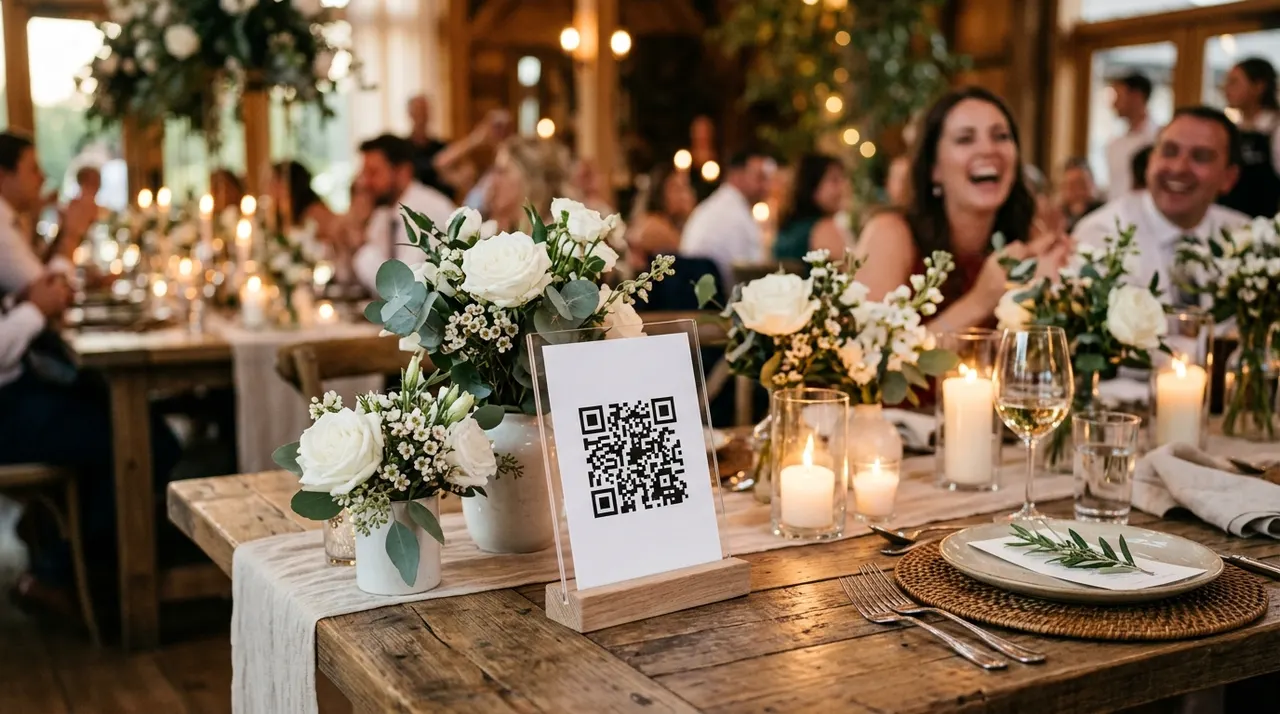 A rustic wedding reception table with a QR code stand, white flowers and candles, and happy guests gathered around