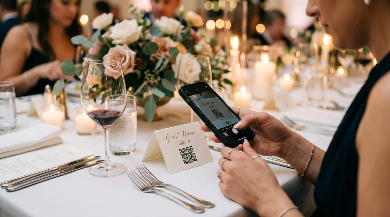 A wedding guest scanning a QR code place card with a phone to open the shared photo album