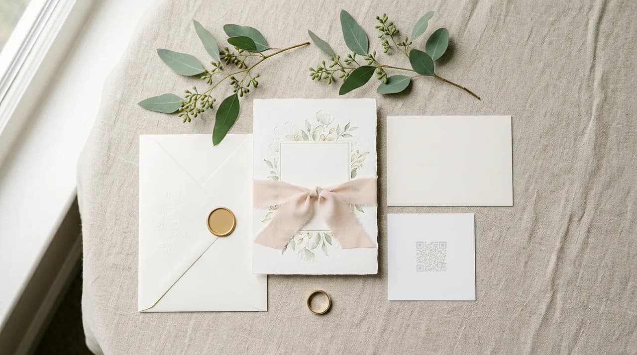 An elegant wedding invitation set with a QR code card and sprigs of eucalyptus