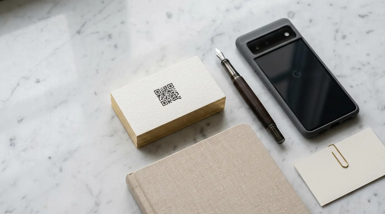 A stack of premium business cards with a QR code on a marble desk