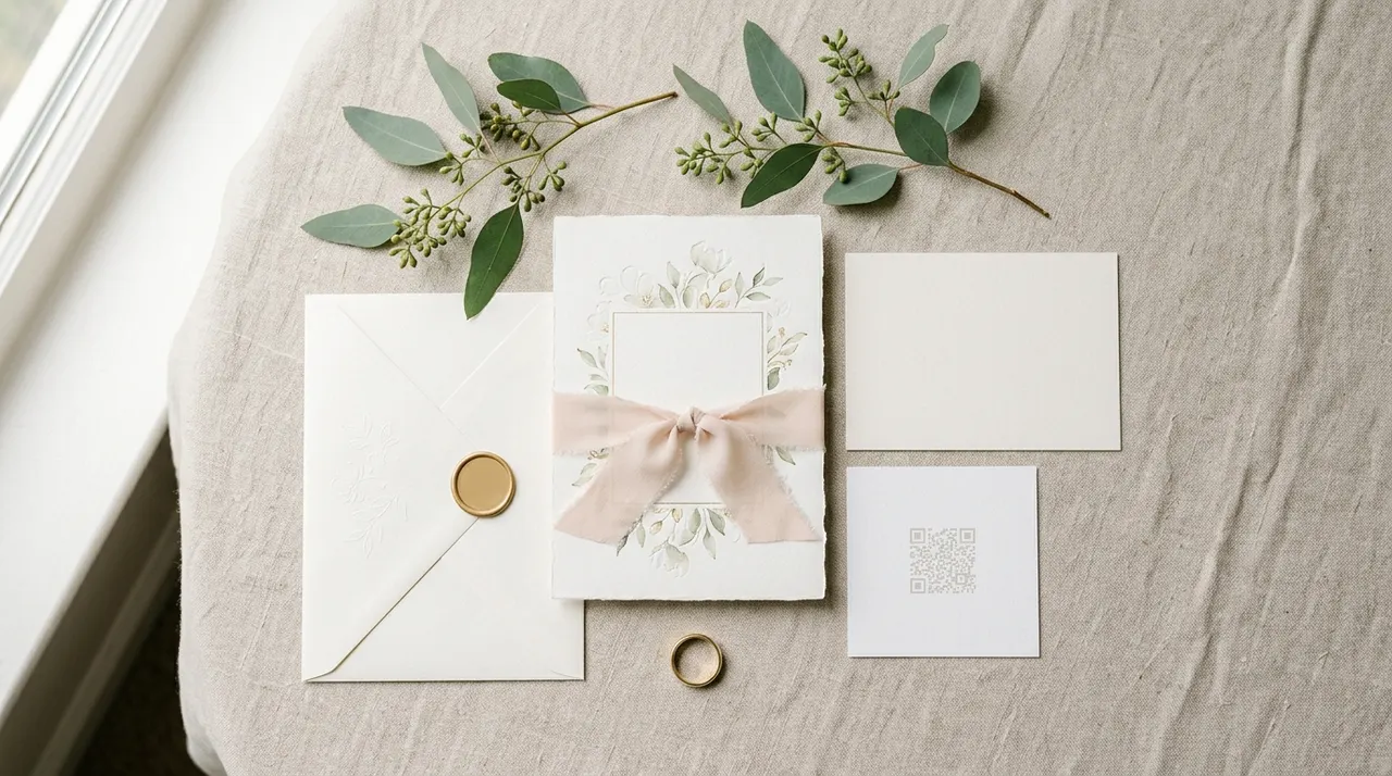 An elegant wedding invitation set with a QR code card and sprigs of eucalyptus